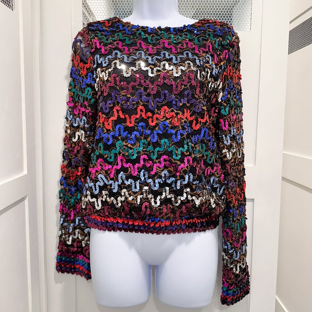 Vintage 80's Rainbow Sequins Sheer Disco Retro Shirt